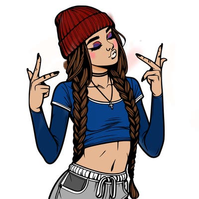 realistic teenage girl with braids and a beanie and crop top doing 🫶🏼