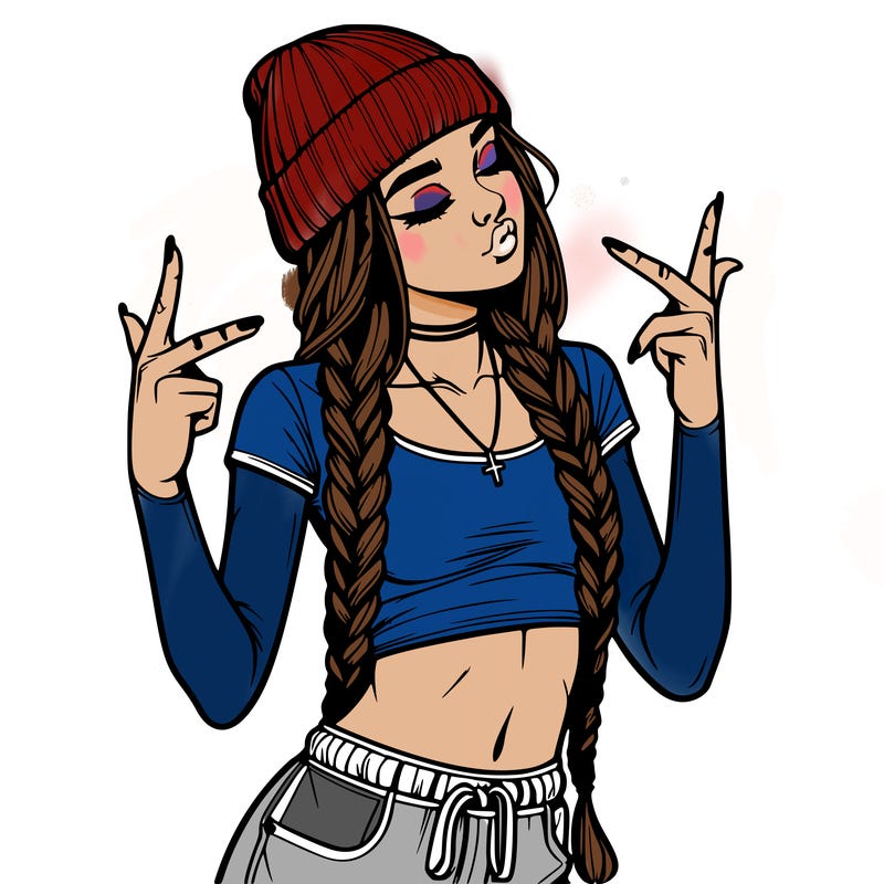 realistic teenage girl with braids and a beanie and crop top doing 🫶🏼