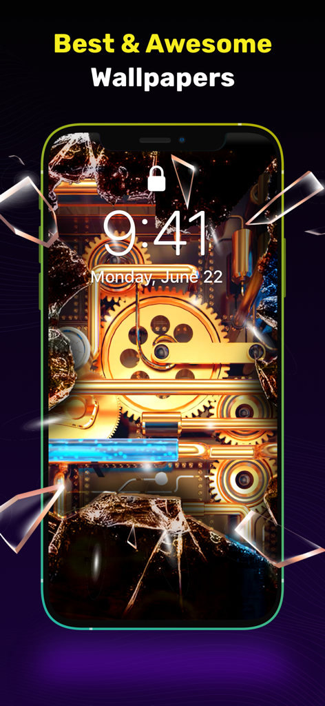 Ringtones & Live Wallpaper - iPhone lock screen showcasing a golden steampunk gears live wallpaper with a broken glass visual effect