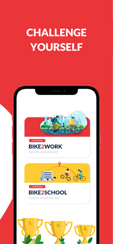 Bike Citizens Cycling App GPS - Smartphone screen of the Bike Citizens app displaying cycling challenges like Bike2Work and Bike2School with reward trophies