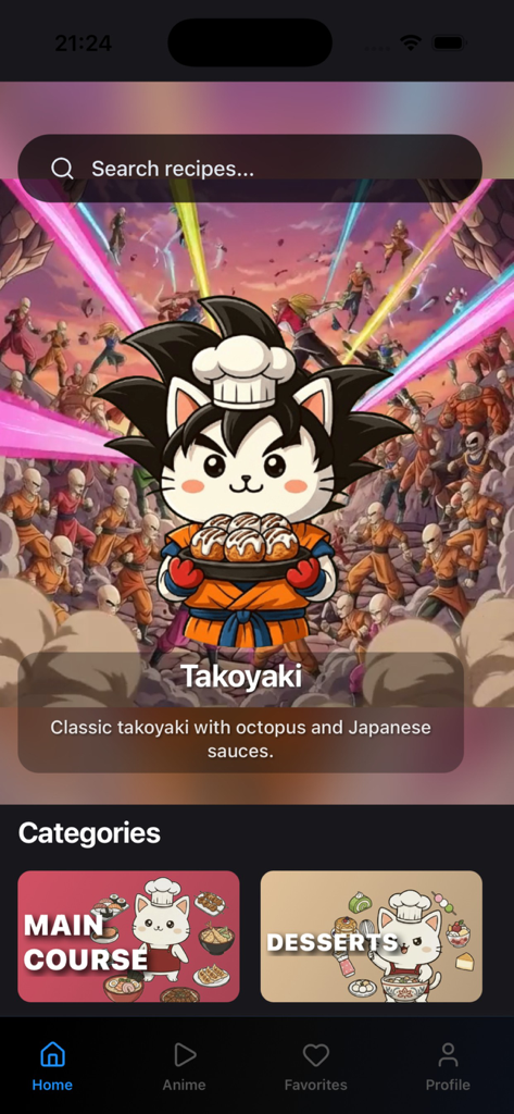 Japanese Food Anime: Cookbook - Home screen of the Japanese Food Anime Cookbook app featuring a Takoyaki recipe and food categories