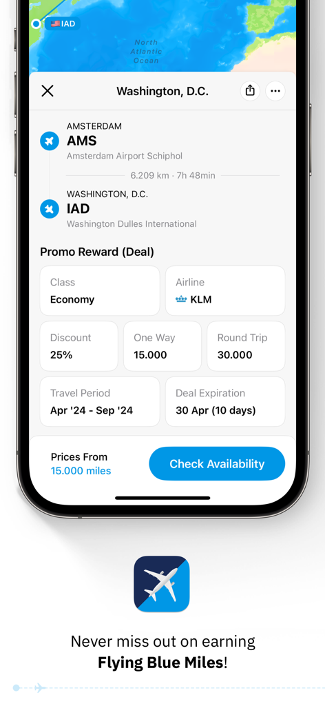 La aplicación Flying Blue mostrando una oferta de recompensa promocional de vuelo de Ámsterdam a Washington D.C.