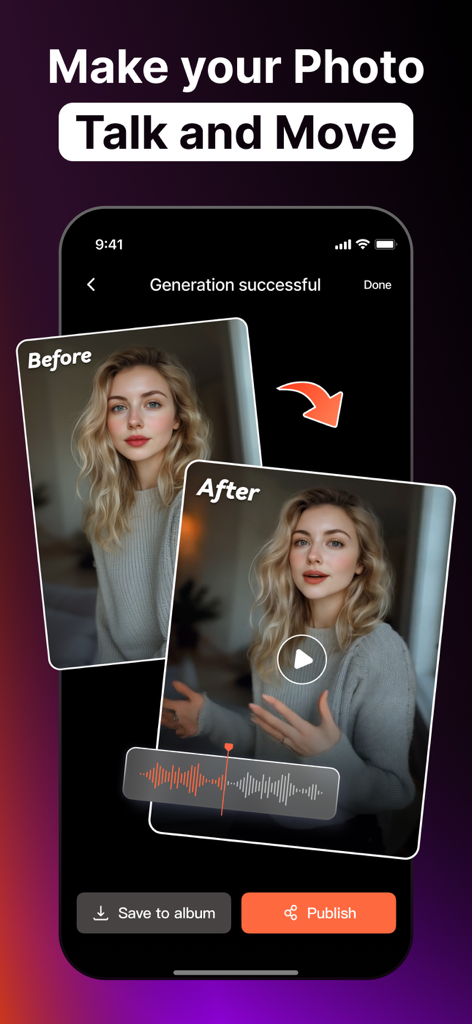 A before and after comparison showing a static portrait transformed into an animated talking AI avatar
