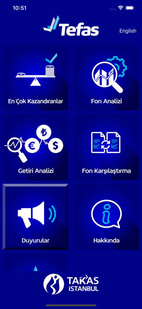 Dashboard of the Takasbank TEFAS mobile app featuring fund analysis and investment comparison tools