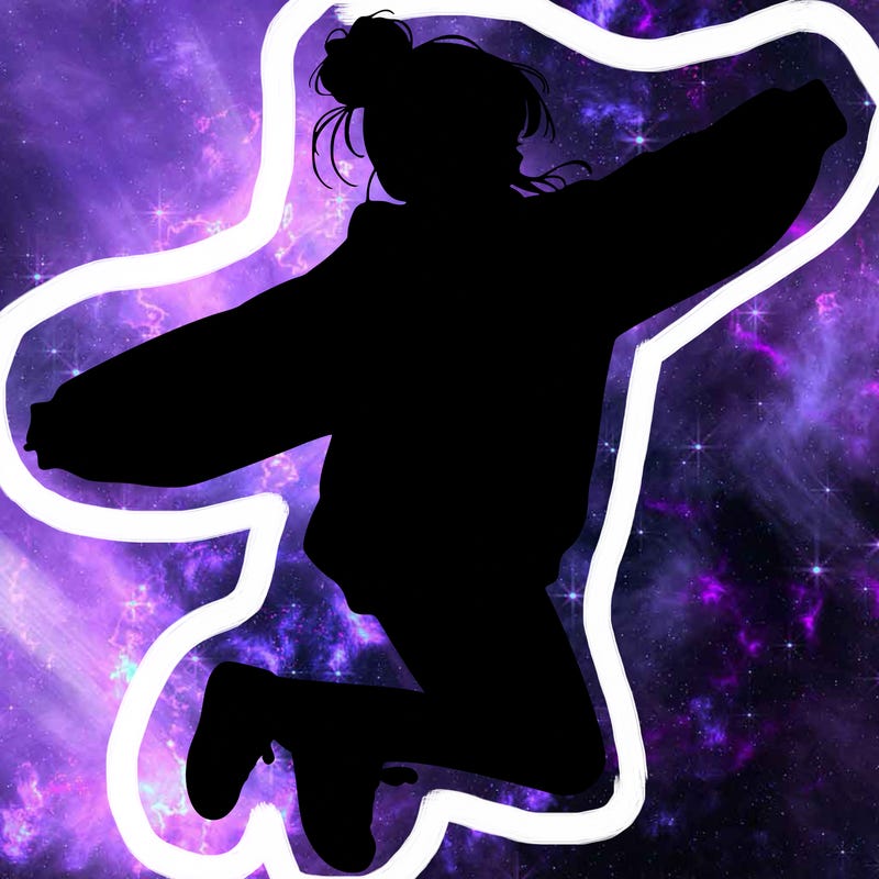 realistic girl jumping with a bun and oversized sweatshirt