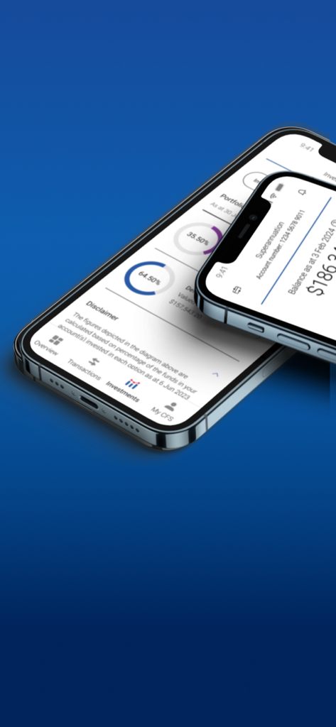 Two smartphones displaying the Colonial First State app with superannuation portfolio charts and account balances