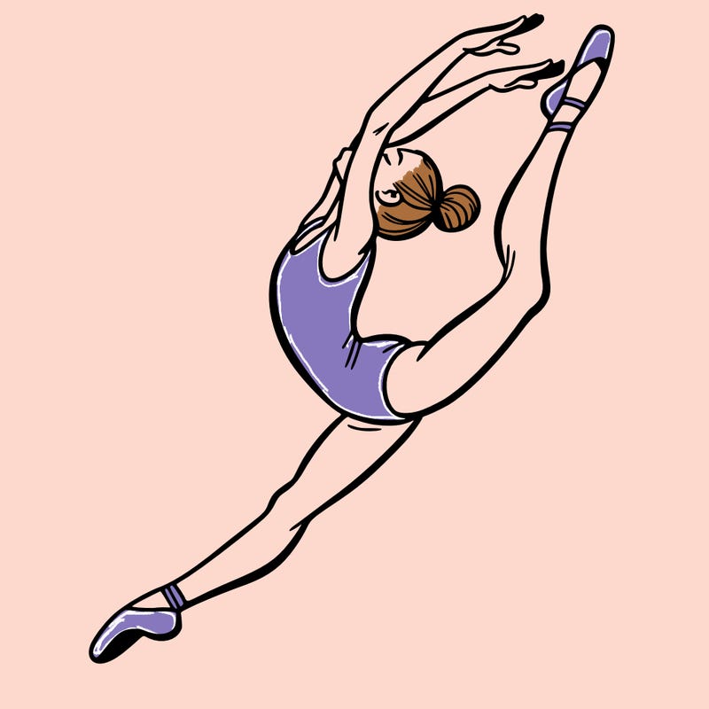 gymnast doing a leap in a leotard with a bent back leg
