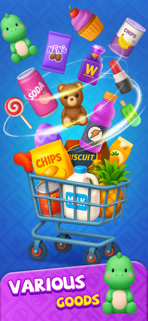 A blue shopping cart filled with various colorful 3D grocery items and plushies from the Goods Rush sorting puzzle game.