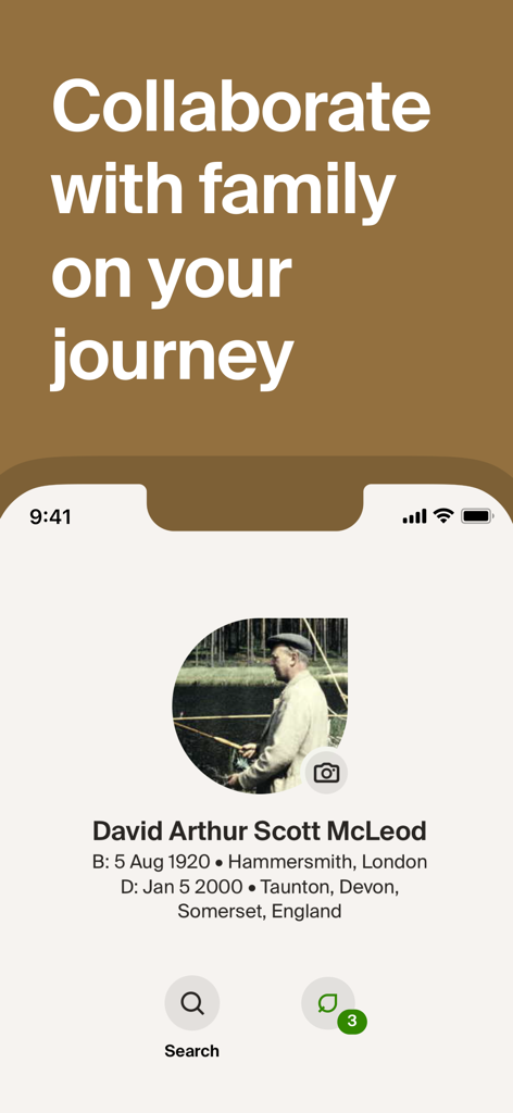 Una pantalla de perfil en la aplicación Ancestry para un antepasado llamado David Arthur Scott McLeod con el texto Colabora con familiares en tu viaje