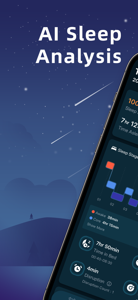 iSleeper: Sleep Tracker - Interface do aplicativo iSleeper exibindo análise de sono por IA com estágios e duração do sono.