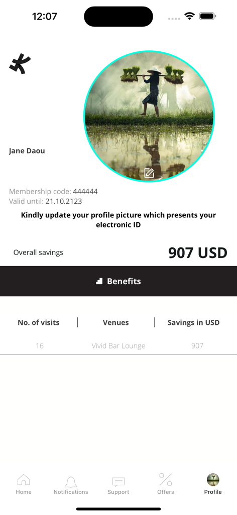 User profile screen in The Kode app showing membership details and total accumulated savings
