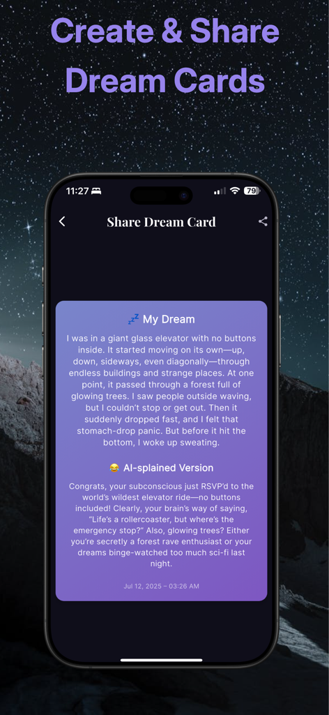 Mobile screen showing the Dreamsplain app's Share Dream Card feature with a user's dream and its humorous AI interpretation.
