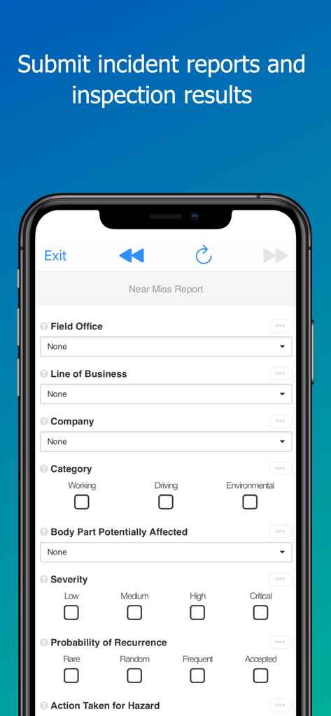 KPA Flex: Safety Management - Interface do aplicativo móvel KPA Flex para enviar um relatório de quase acidente