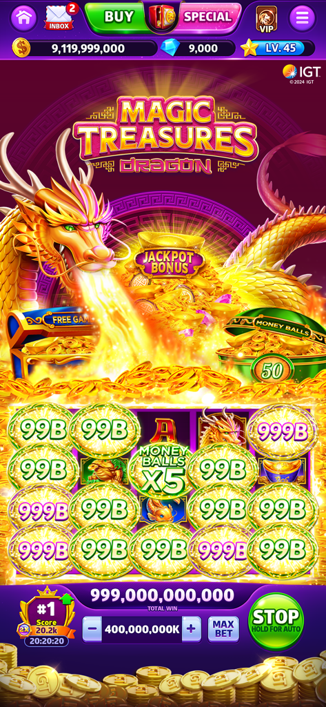 Cash Rally - Slots Casino Game - Magic Treasures Dragon slot machine game featuring a golden dragon and massive coin wins