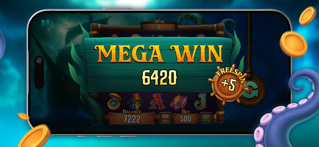 Super slot: mega game - Schermata del mega jackpot nel gioco mobile Super slot a tema pirata che mostra un jackpot di 6420 monete.