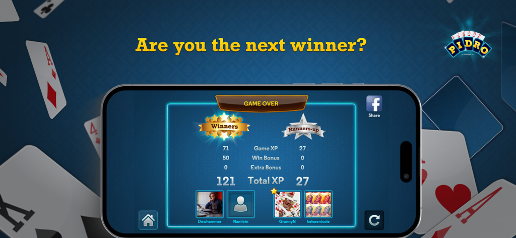 A mobile screen showing the game over results and XP points for winners and runners up in the Pidro card game