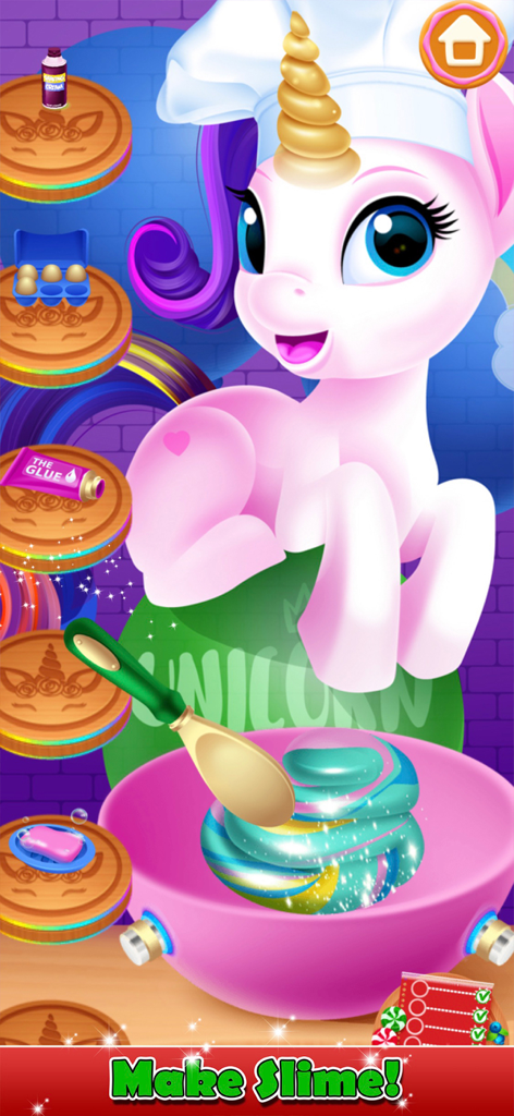 A pink unicorn character wearing a chef hat stirring colorful rainbow slime in a bowl