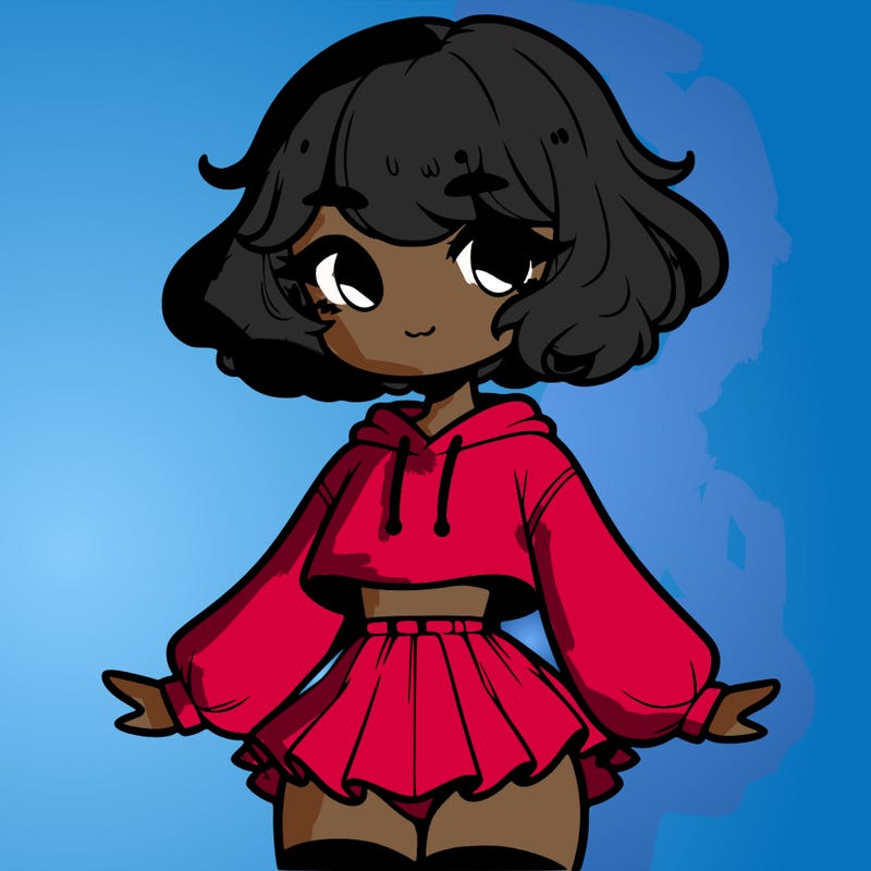 cute femboy with short, fluffy hair that softly frames their face, wearing a cropped hoodie, paired with a flouncy short skirt, and thigh-high stockings