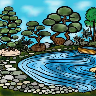 a serene zen garden with raked gravel, bonsai trees, and tranquil ponds