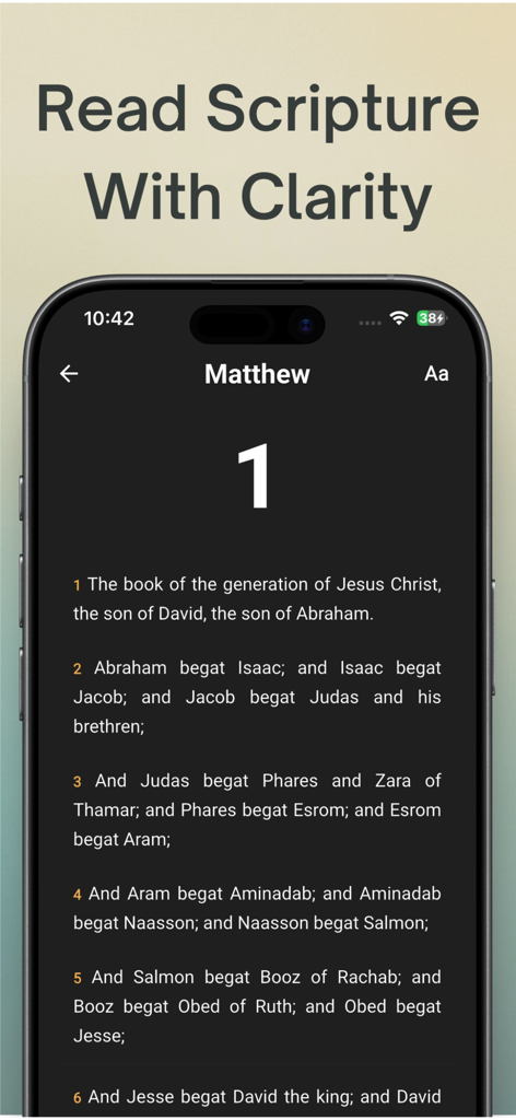 Bible Journey: Visual Stories - Bible Journey app reading screen showing scripture from Matthew in dark mode.