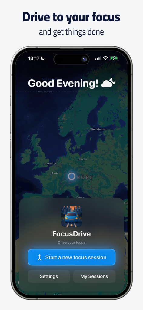 FocusDrive: Focus Timer - FocusDrive app interface showing a map background and a start focus session button