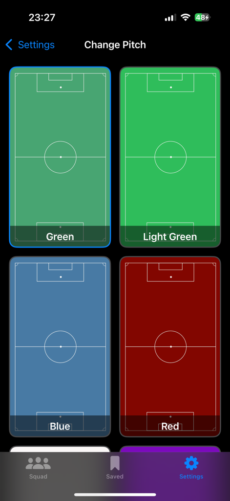 Squad11 - Lineup Builder - Customization screen in Squad11 showing options for green blue and red soccer pitches