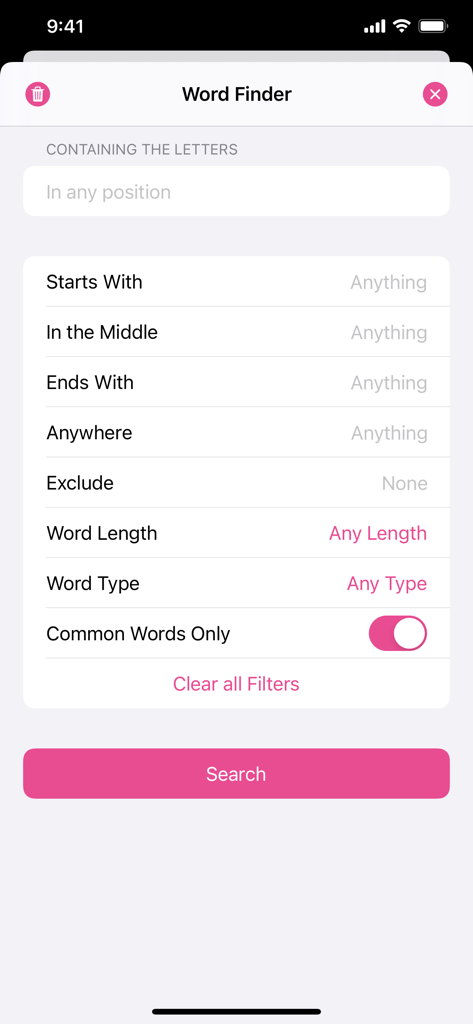 Word Hippo app word finder interface with search filters for letters and word length