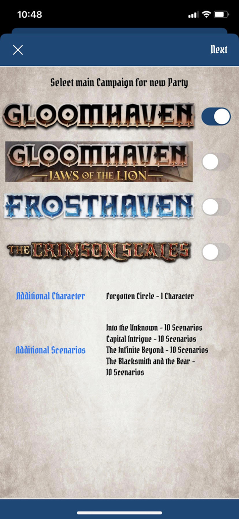 Gloomhaven Campaign Tracker - Screen for selecting Gloomhaven Frosthaven or Jaws of the Lion campaigns in the tracker app