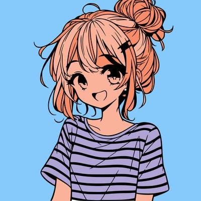 anime girl teenager striped shirt and smile and messy bun
