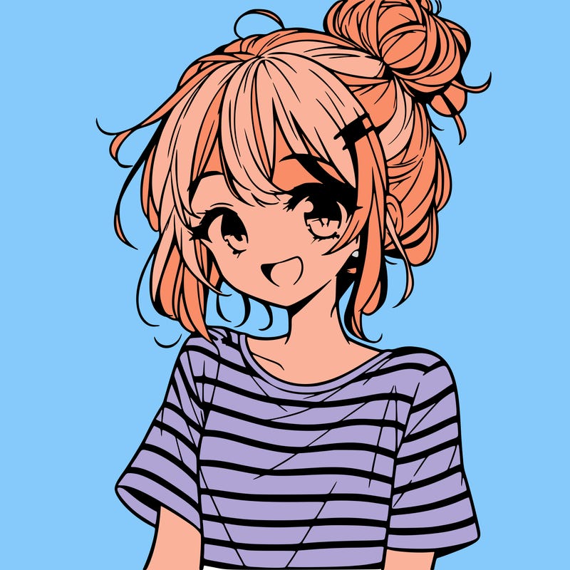 anime girl teenager striped shirt and smile and messy bun