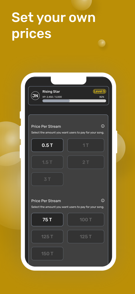 Freecords - Interfaz de la aplicación móvil Freecords mostrando opciones para establecer precios personalizados por transmisión para artistas de música independiente.