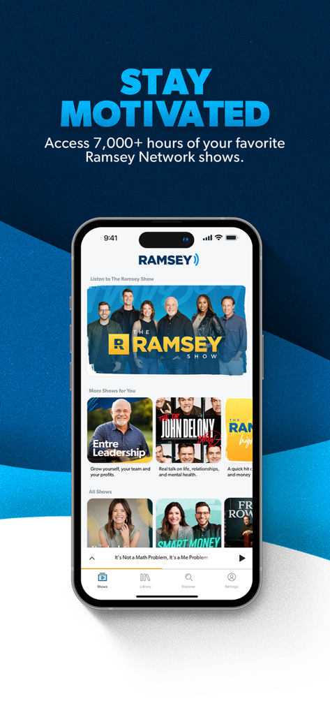 Ramsey Network app displaying various podcast shows for financial peace and personal growth on a smartphone screen.