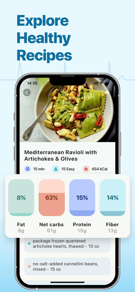 Heart Mate: Health Monitor - Heart Mate app screen showing a healthy Mediterranean Ravioli recipe with nutritional breakdown and macro counts