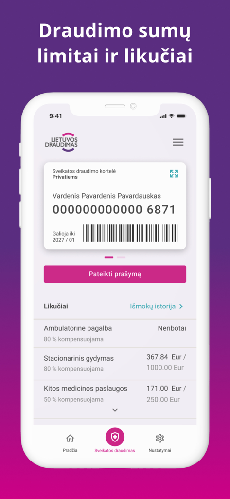 Lietuvos draudimas - Lietuvos draudimas mobile app displaying a digital health insurance card and coverage balances for medical services