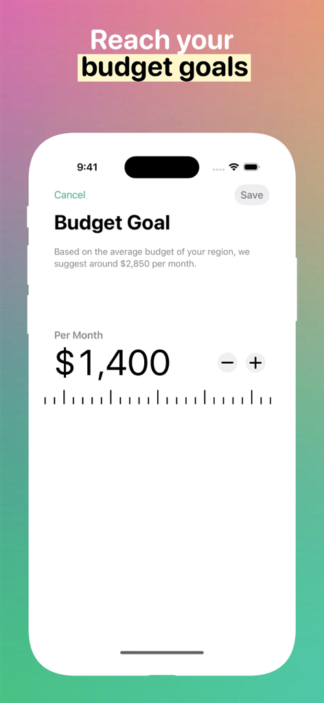 Eine mobile Oberfläche zur Festlegung eines monatlichen Budgetziels in der Fin App, die ein Ziel von 1400 Dollar zeigt.