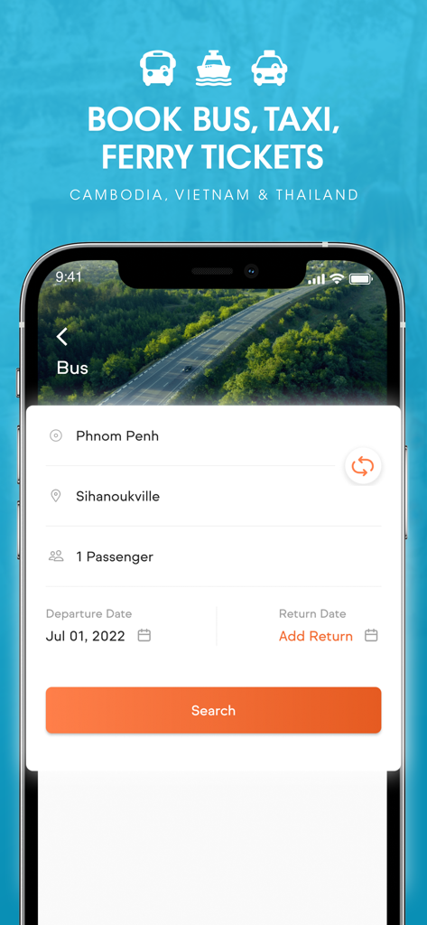 BookMeBus — Bus Ferry and Taxi - BookMeBus app interface showing bus ticket search from Phnom Penh to Sihanoukville in Cambodia