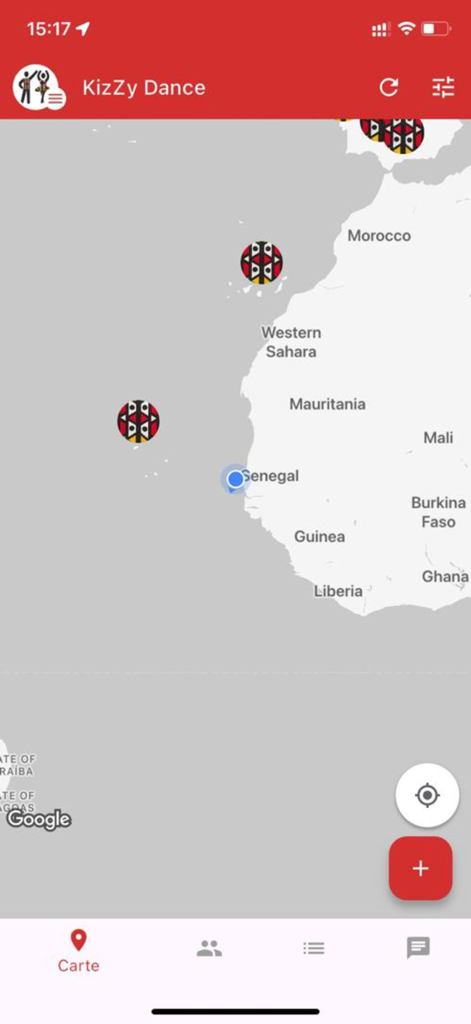KizZy - A geolocated map within the KizZy app showing dance community pins across West Africa and Senegal.