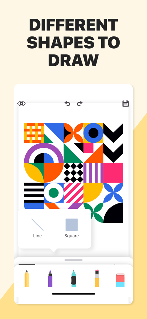 Drawing Pad - Sketchbook App. - Interfaz de la app Drawing Pad Sketchbook mostrando un patrón geométrico colorido y la herramienta de formas diferentes