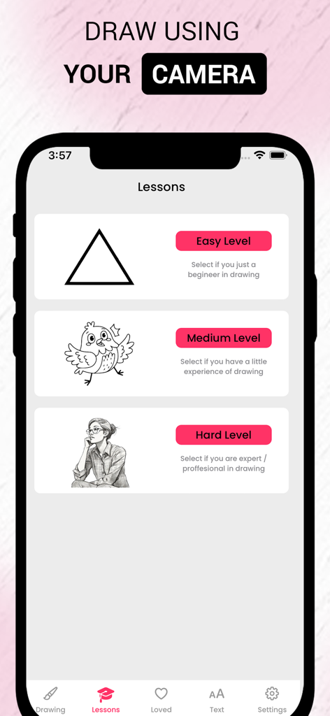Interfaz de la aplicación AR Drawing que muestra lecciones de dibujo categorizadas por niveles de dificultad Fácil, Medio y Difícil.