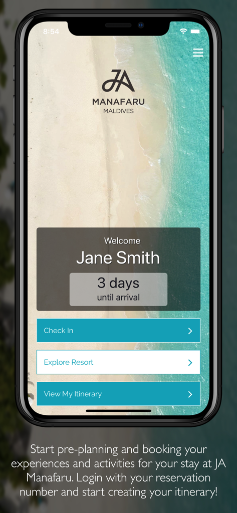 JA Manafaru Maldives app welcome screen for a guest named Jane Smith showing three days until arrival with options to check in and explore the resort.