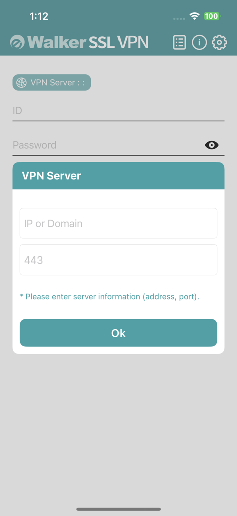 eWalker SSL VPN - eWalker SSL VPN mobile app login screen with a VPN server configuration popup