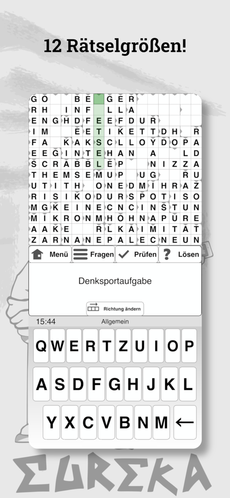 Eureka German crossword puzzle gameplay showing a completed grid with clues and a keyboard.