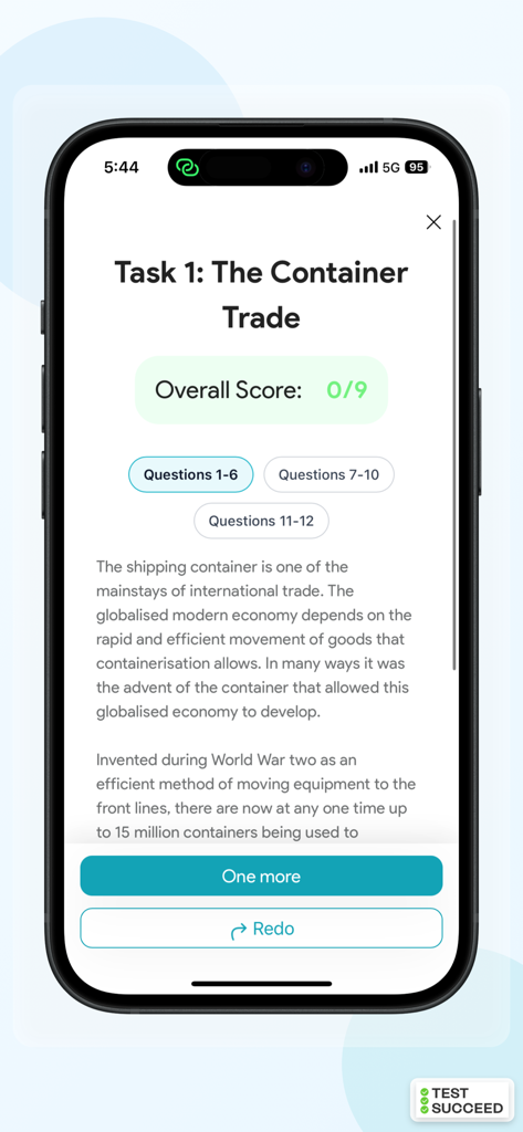 IELTS Practice & Mock Tests - Interfaz de práctica de lectura IELTS que muestra una tarea de examen simulado sobre comercio internacional con opciones de puntuación y navegación