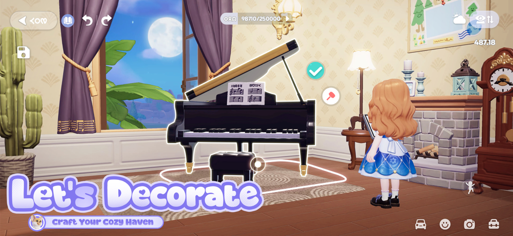 Heartopia - A character decorating a virtual home with a piano and fireplace in the Heartopia life simulation game.