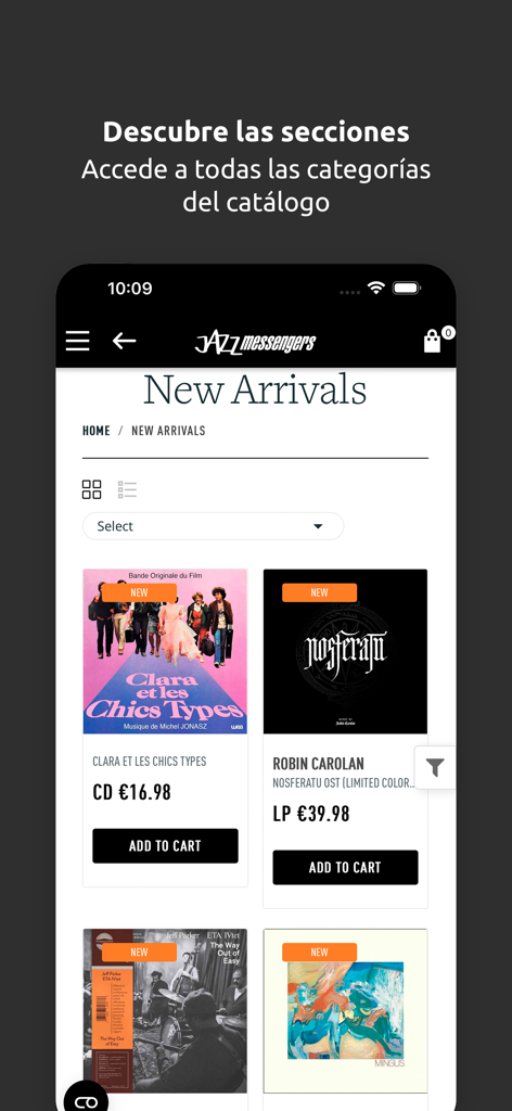 La aplicación Jazz Messengers muestra un catálogo de nuevas llegadas de vinilos y CDs de jazz