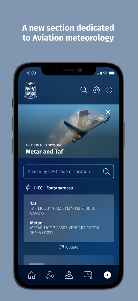 Aviation meteorology section of the Meteo Aeronautica app showing METAR and TAF reports on an iPhone