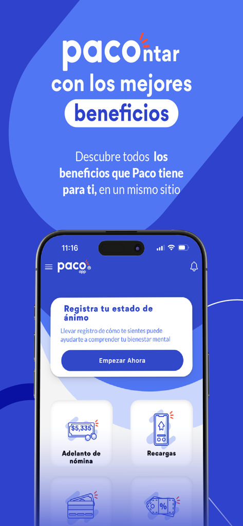 Paco mobile app interface displaying employee benefits including mood tracking and payroll advance options