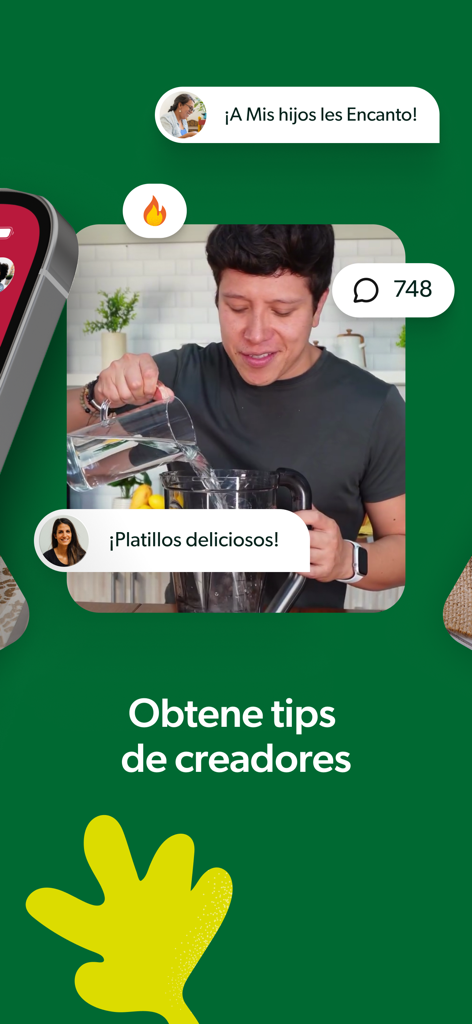 A cooking creator preparing a recipe in a blender with community feedback and tips in the Recetas Nestle Mexico app
