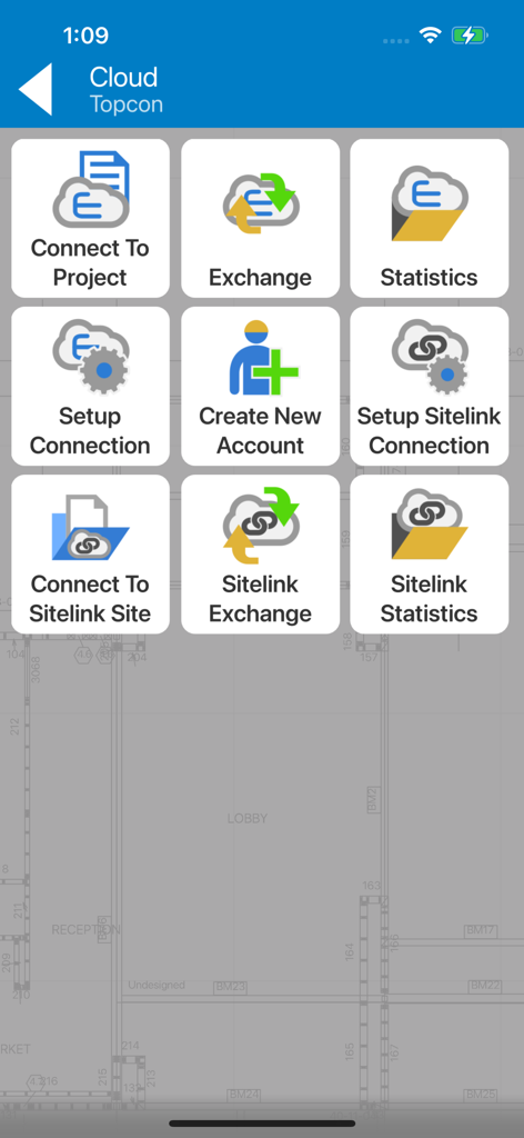 Topcon Field Mobile - Cloud menu of Topcon Field Mobile app showing project connection and data exchange icons over a site plan background