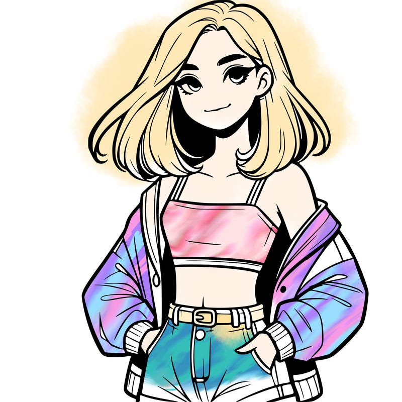 a realistic girl with a crop top and short shorts in an open jacket